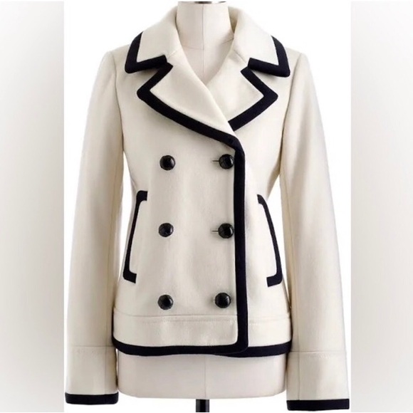 J. Crew Nello Gori Tipped Trim 100% Wool Off White & Black Pea Coat EUC 2 - Picture 2 of 16